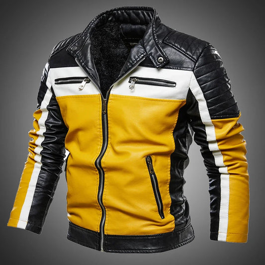 Men Yellow PU Leather Jacket Patchwork Biker