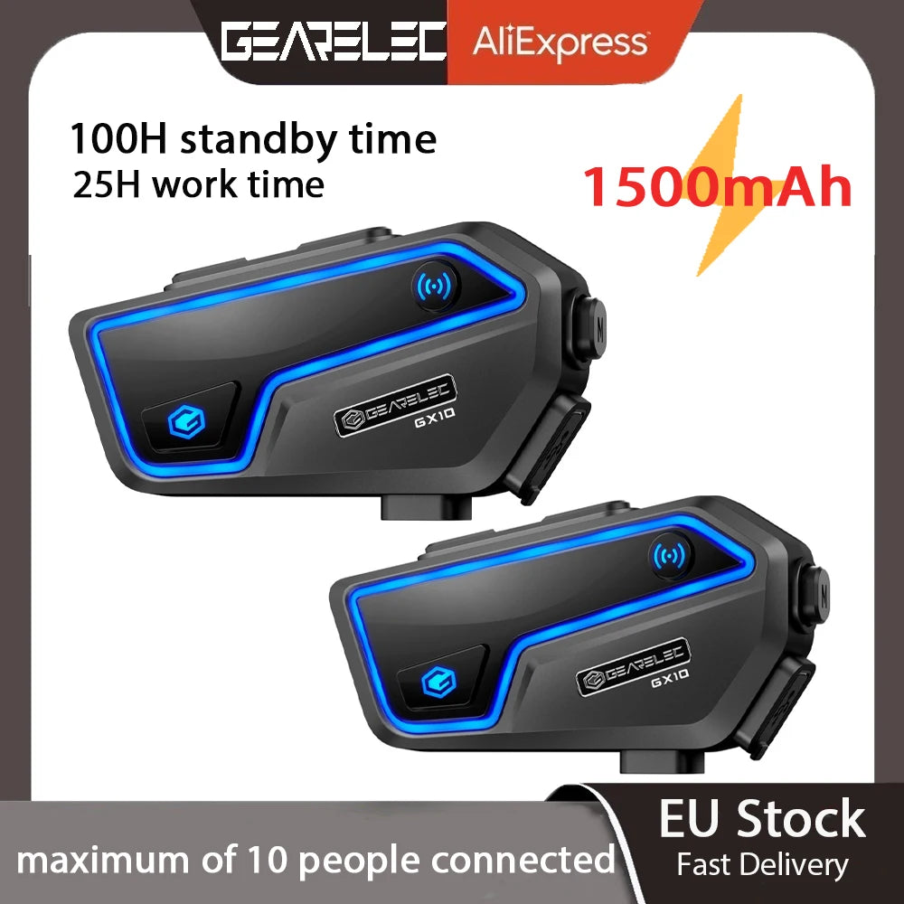 GEARELEC GX10 Bluetooth Intercom Motorcycle helmet bluetooth headset for 10 Rider intercomunicador Moto Interphone Headset